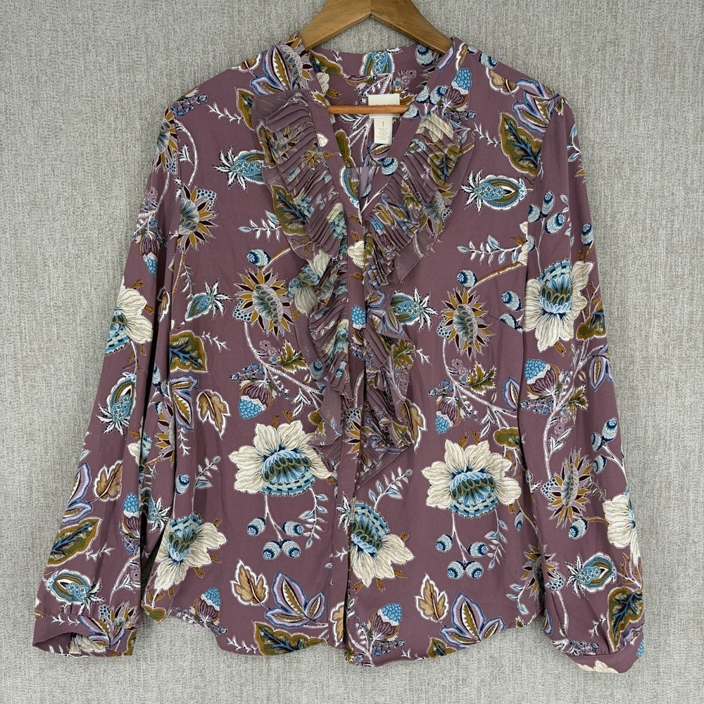 Chicos Ruffle V-Neck Floral Print Blouse Women Size 1 Purple Long Sleeve Pleated